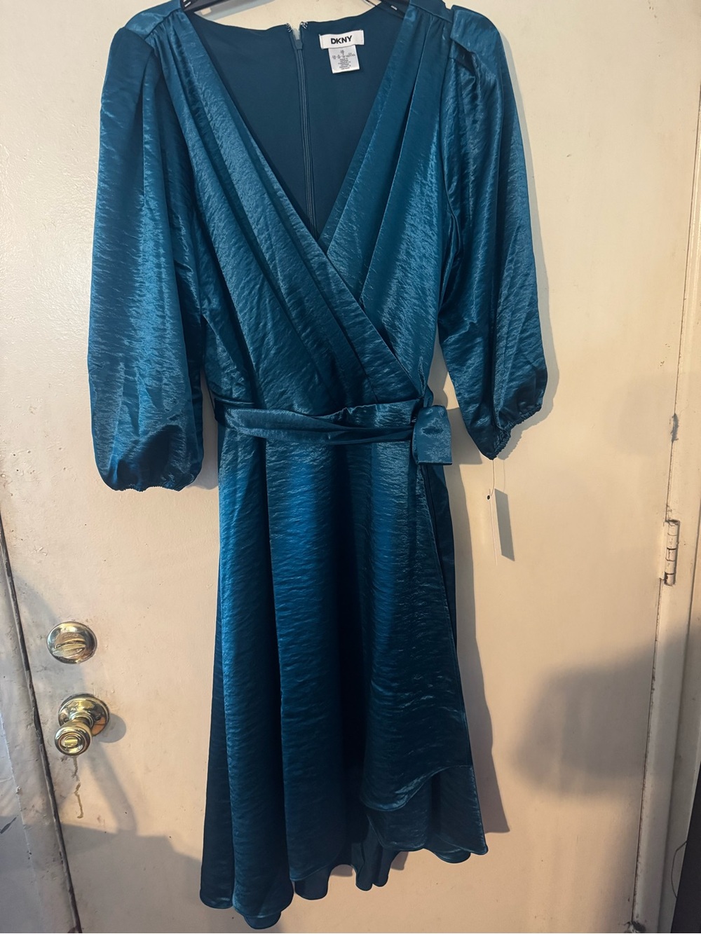 DKNY Teal Satin-Luster Wrap Midi Dress